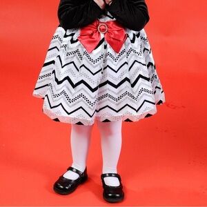 Black and White Tulle Chevon Dress with Red Satin Bow